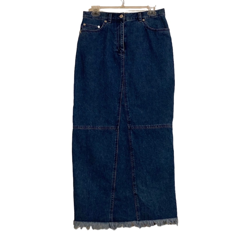 Ralph Lauren Jeans Co Sz 10 Long Maxi Blue Denim Cotton Back Slit Raw Hem Skirt